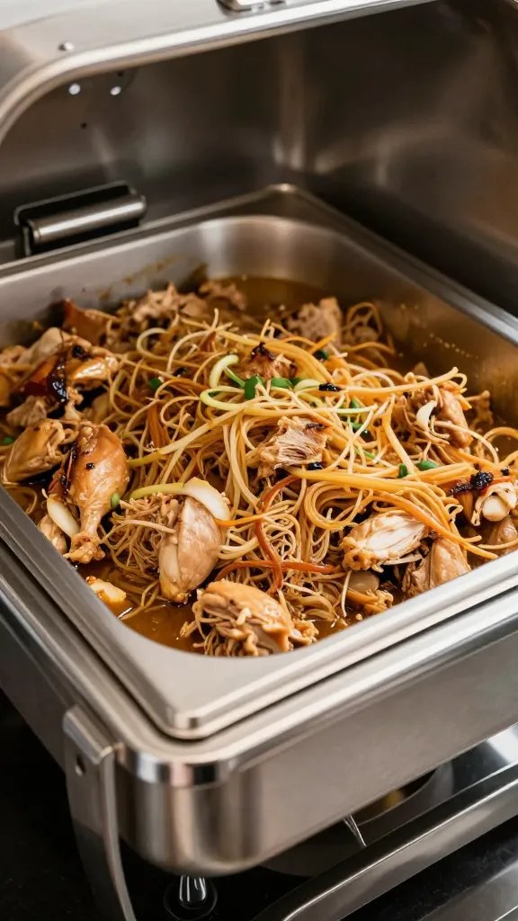 stainless chafing dish filled with moist pulled chicken