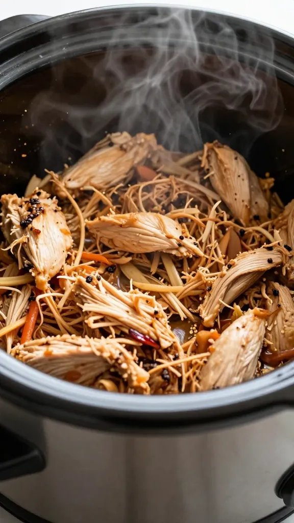 slow cooker with shredded chicken and steam rising