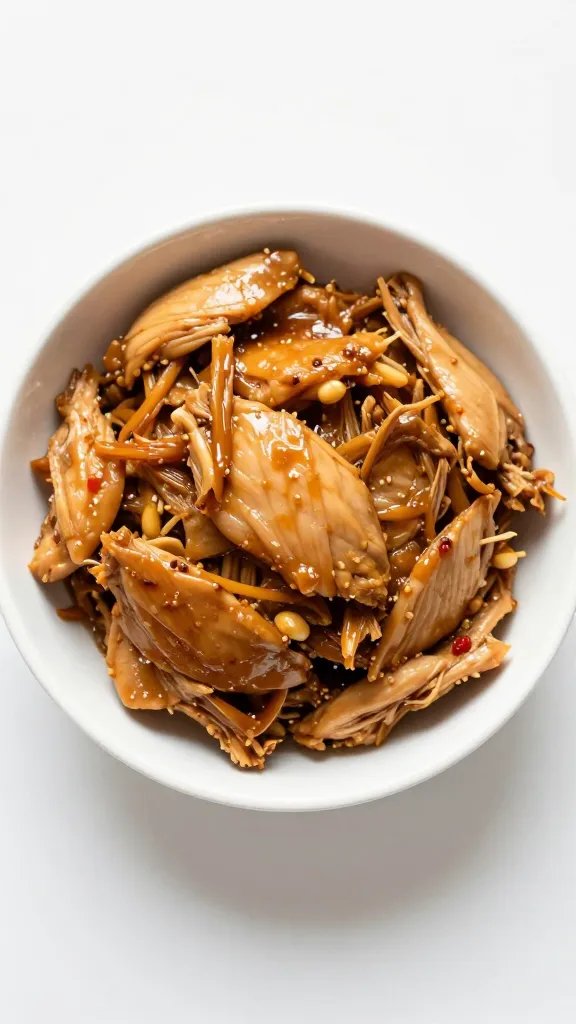 small white bowl of juicy pulled chicken, overhead