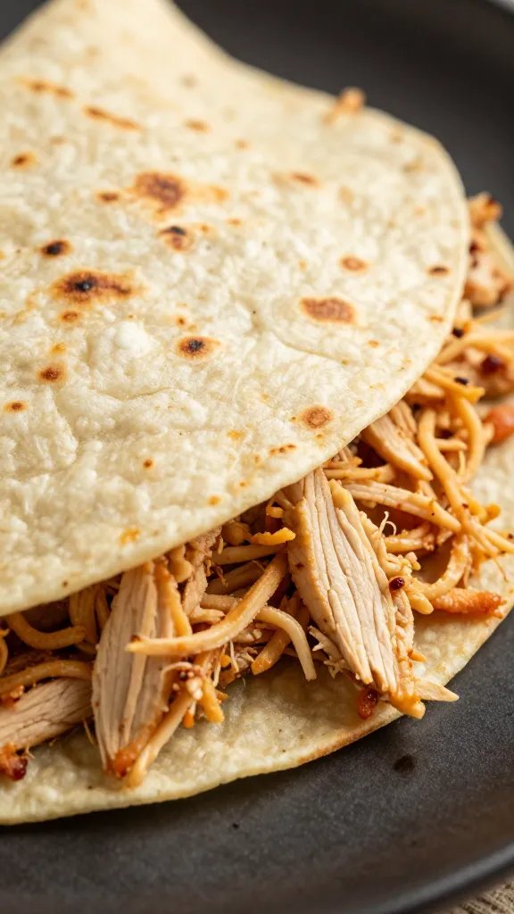 tortilla loaded with pulled chicken, close crop