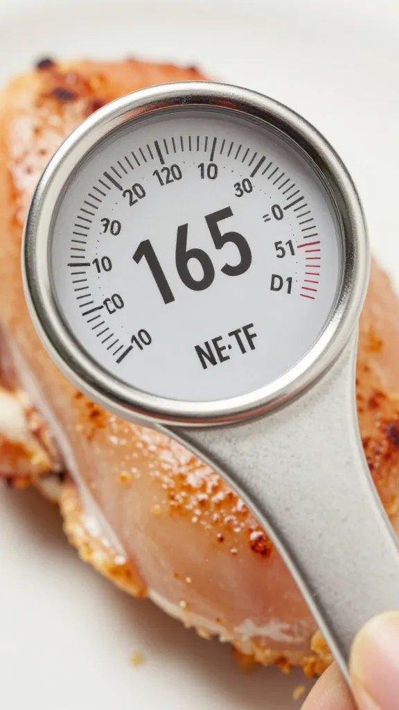 meat thermometer reading 165°F in cooked chicken breast