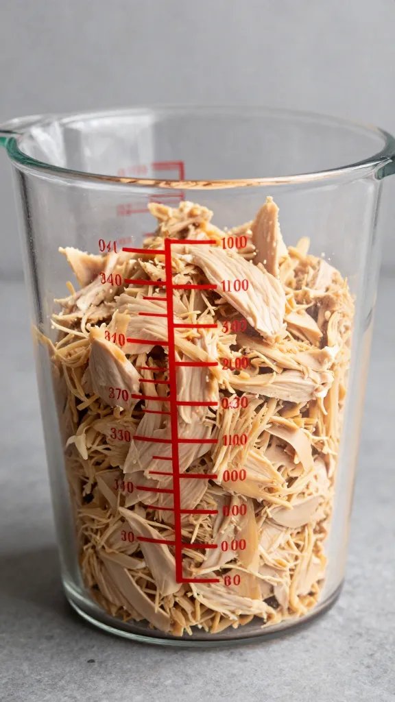measuring cup packed with 1/3 pound pulled chicken