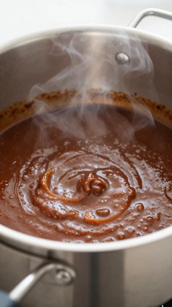 stainless stockpot simmering bbq sauce, steam visible, closeup