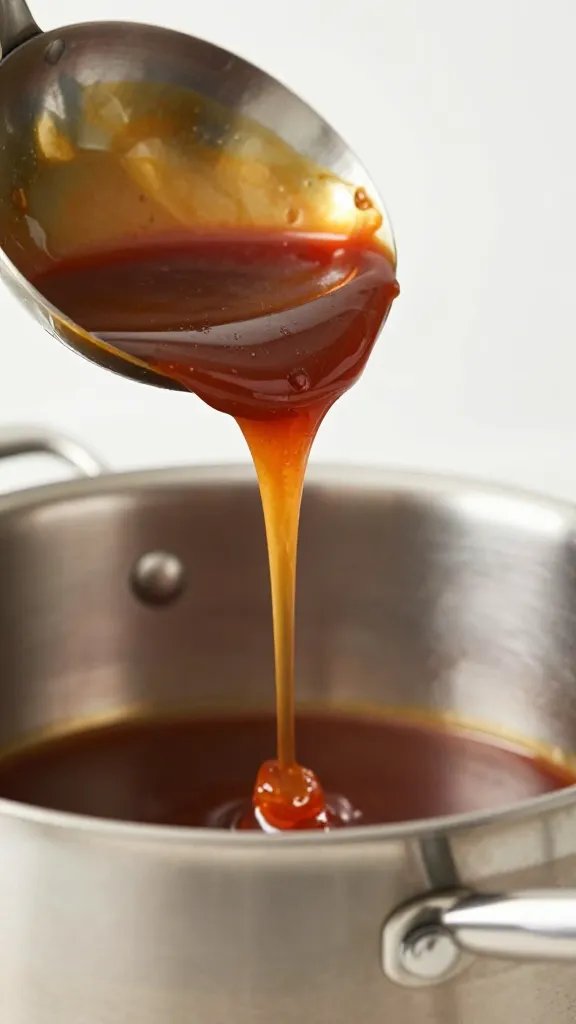 ladle dripping thick bbq sauce over stainless pot, macro