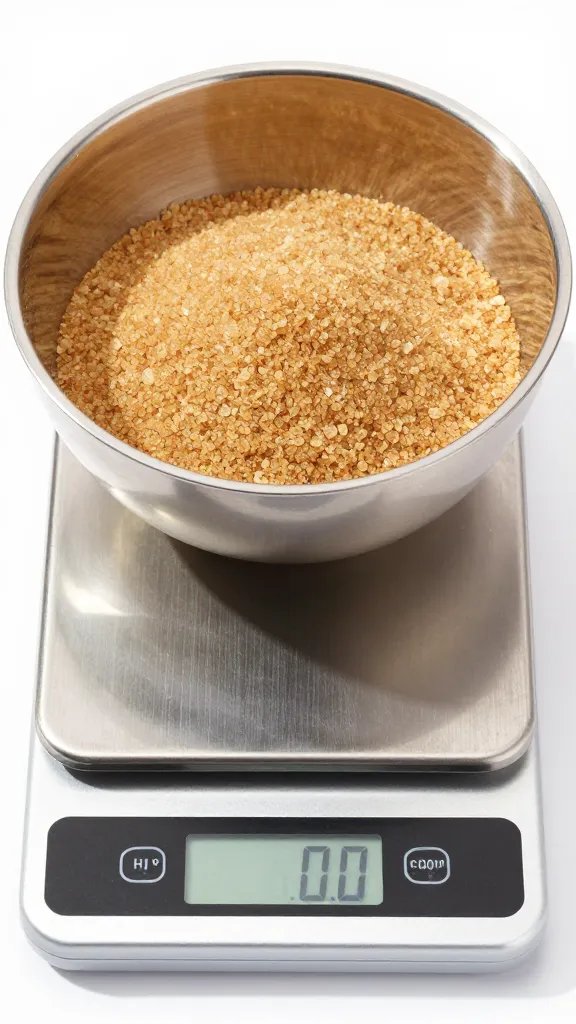 digital kitchen scale weighing brown sugar in metal bowl
