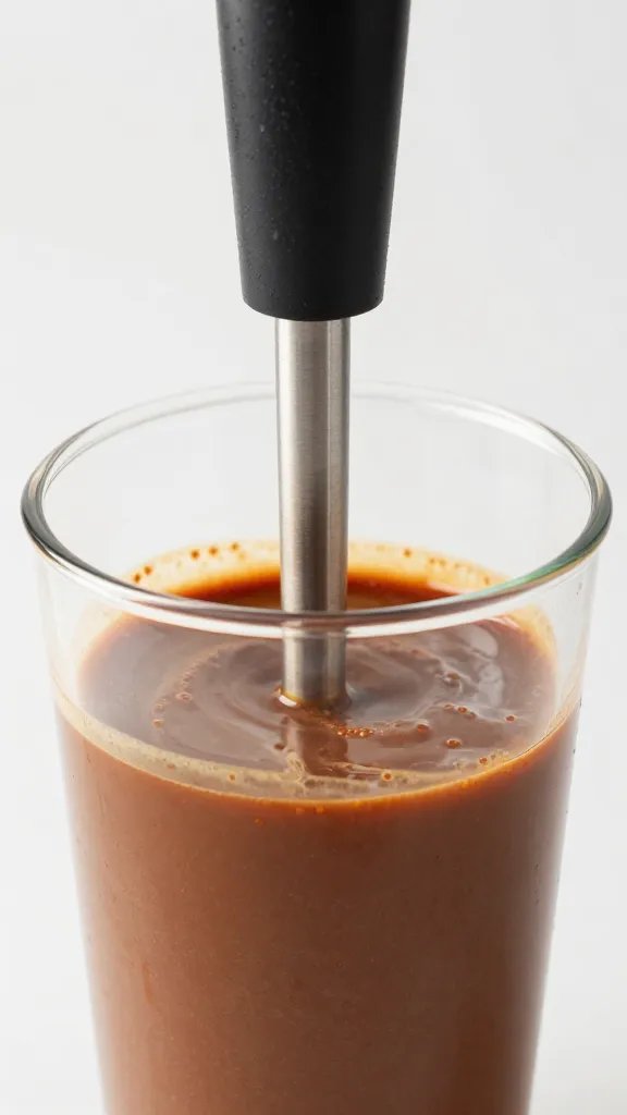 immersion blender blending bbq sauce in tall container, closeup