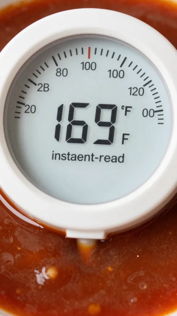 instant-read thermometer reading 165°F in sauce, macro
