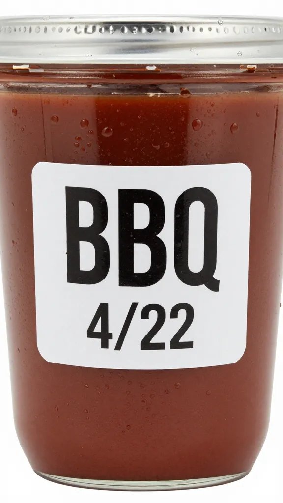 quart deli container labeled “BBQ Sauce 4/22,” condensation beads