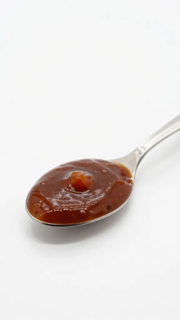 small tasting spoon with glossy bbq sauce, white backdrop