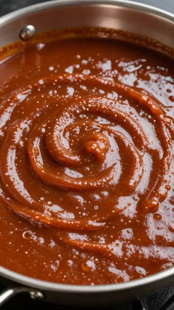 metal hotel pan filled with warm bbq sauce, surface sheen