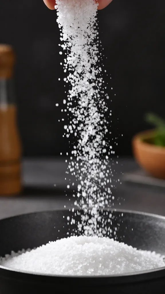 kosher salt pinch above sauce pot, granules frozen midair