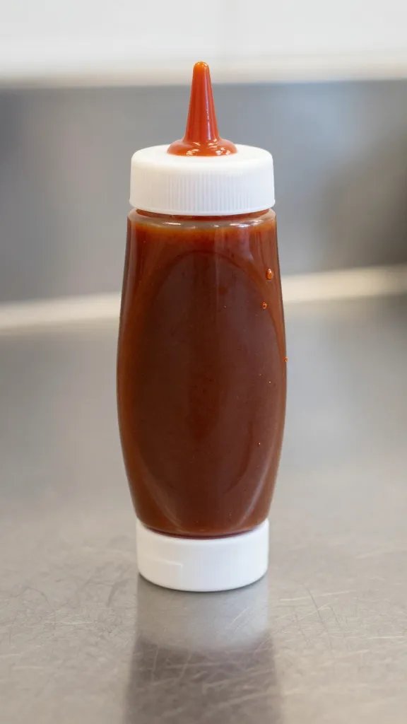Squeeze bottle of mild BBQ sauce on stainless counter