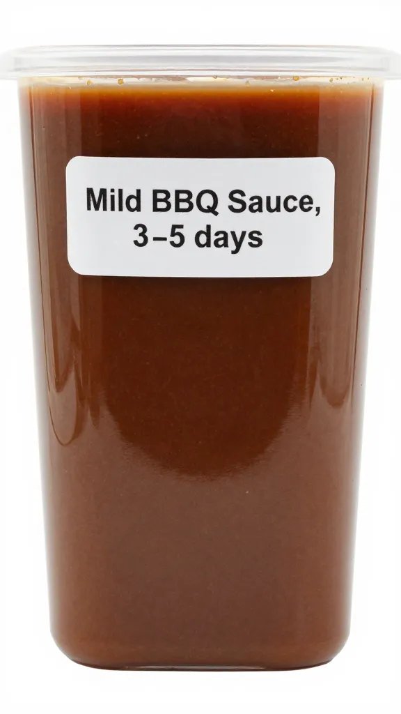 Clear deli container labeled “Mild BBQ Sauce, 3–5 days”