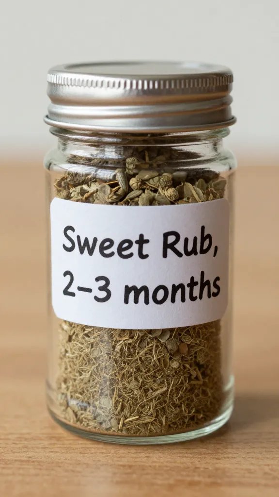 Small spice jar labeled “Sweet Rub, 2–3 months”