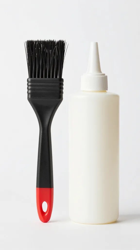Single grill brush resting beside squeeze bottle