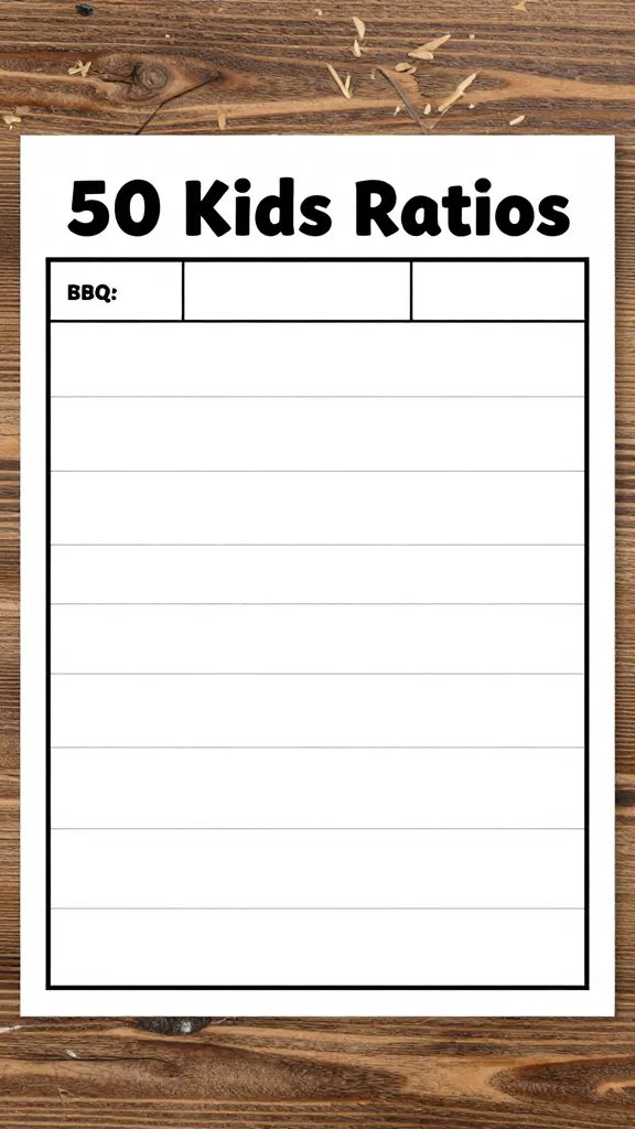 Laminated BBQ prep sheet titled “50 Kids Ratios”