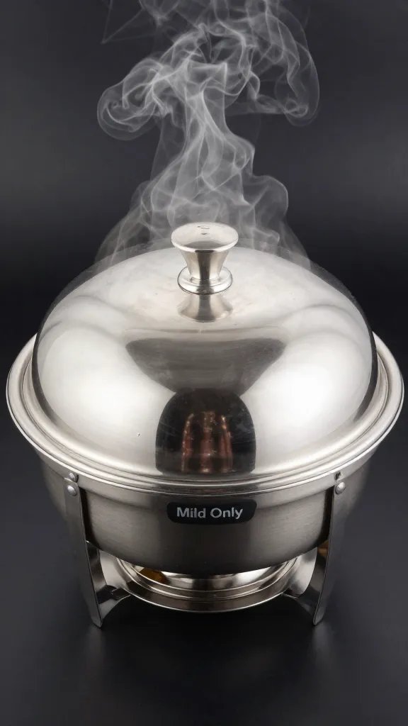 Single chafing pan labeled “Mild Only” with steam lid