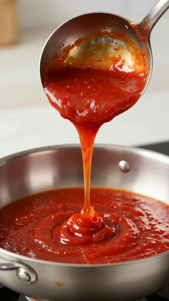 ladle dripping classic tomato barbecue sauce over stainless pan
