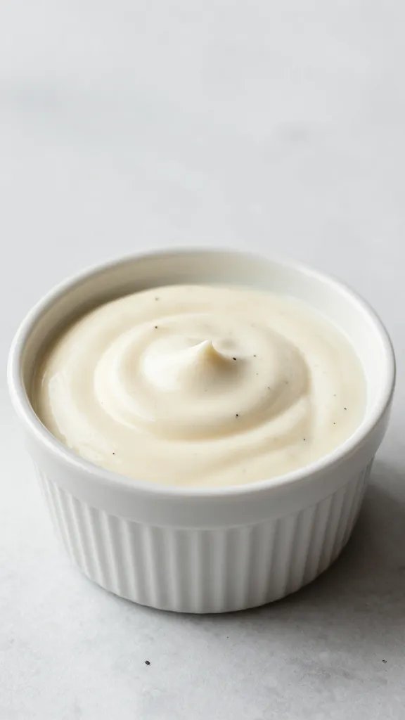 small ramekin of Alabama white sauce with black pepper specks