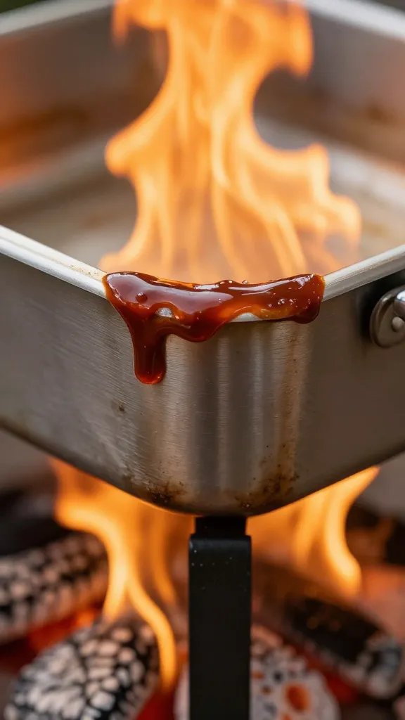chafing pan corner with barbecue sauce sheen, warming flame