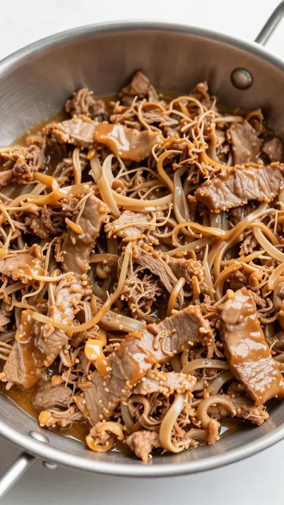stainless hotel pan half-full of pulled pork, light sauce glaze