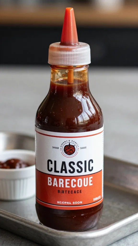 closeup squeeze bottle of classic barbecue sauce on metal tray