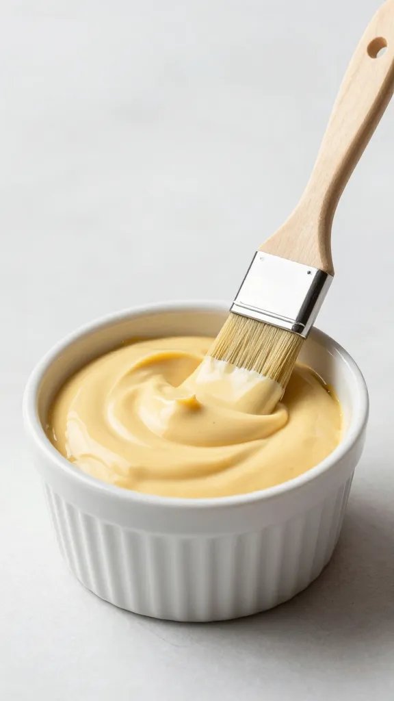 single ramekin of Carolina mustard sauce with brush