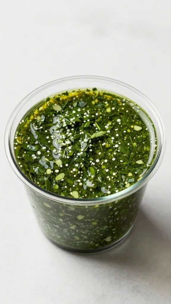 single portion cup of herb chimichurri, overhead