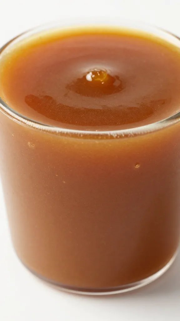 closeup cup of sweet honey bourbon glaze, glossy