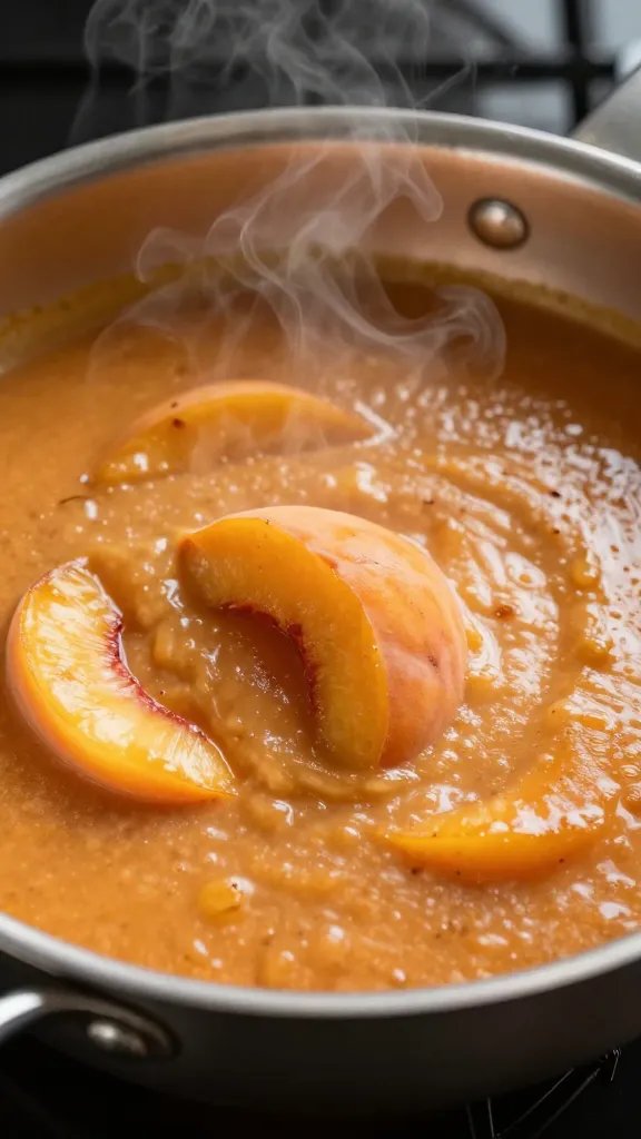 stainless pan of warm peach barbecue sauce, steaming