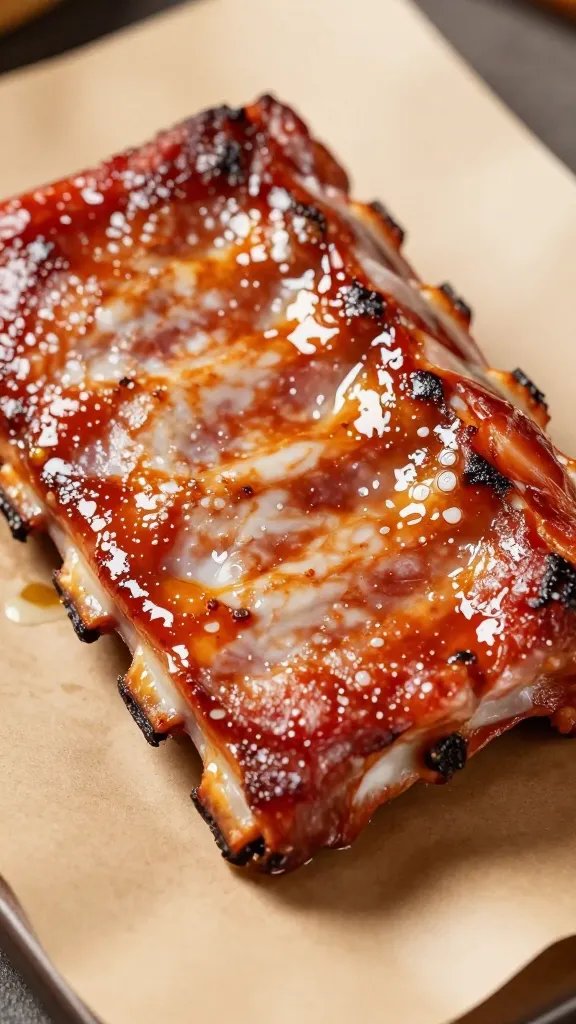closeup of sauced pork rib on parchment-lined board