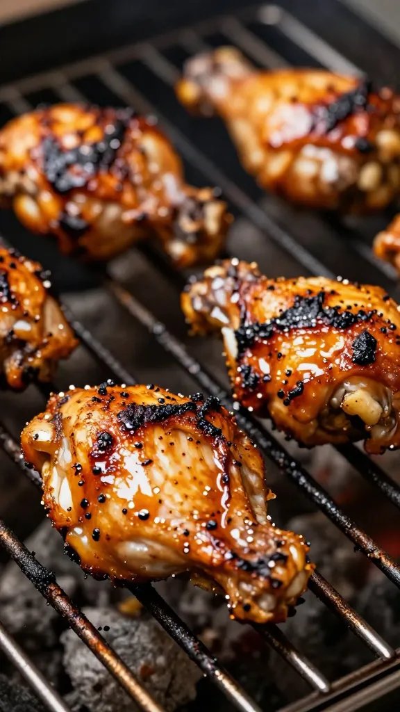 brushed barbecue chicken thigh on grill grates, tight shot