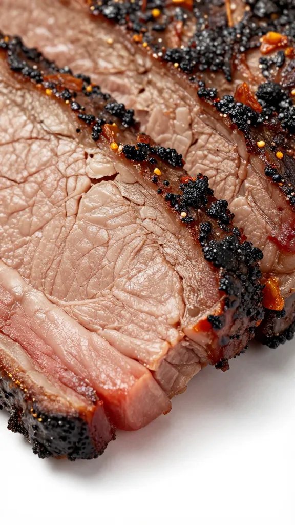 single brisket slice with bark, macro detail
