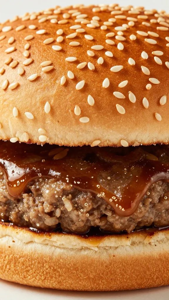 toasted sesame burger bun with glossy burger patty, closeup