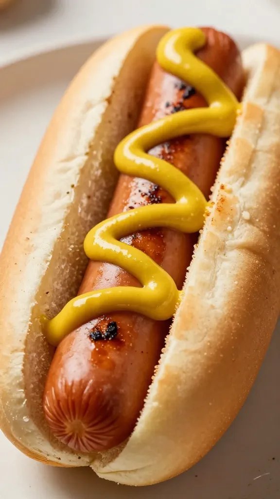 grilled hot dog with mustard stripe, macro
