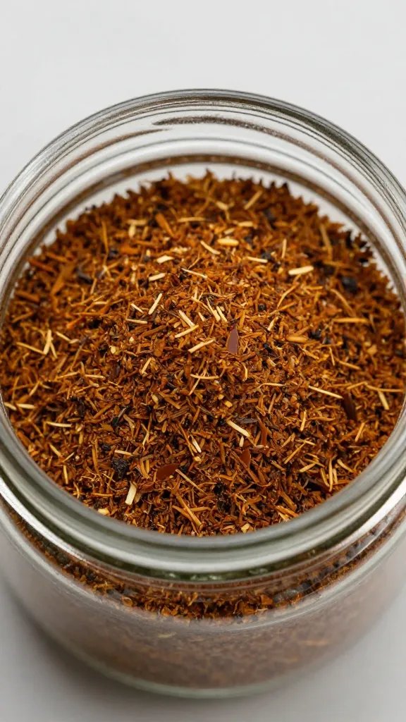 small glass jar of homemade dry rub, overhead closeup