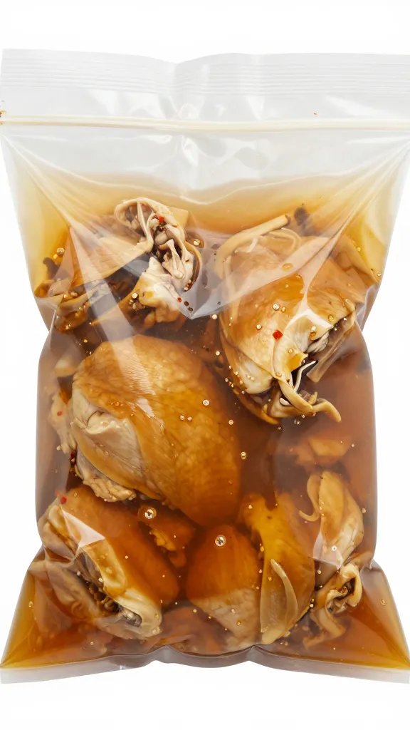 zip-top bag of chicken in marinade, sealed, closeup