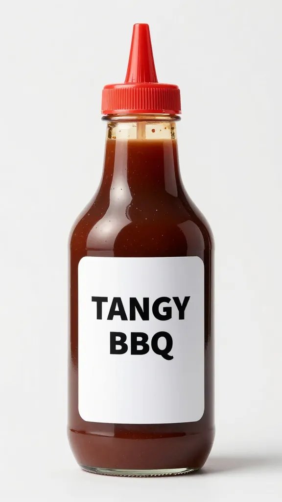 labeled squeeze bottle of tangy BBQ sauce, studio lit