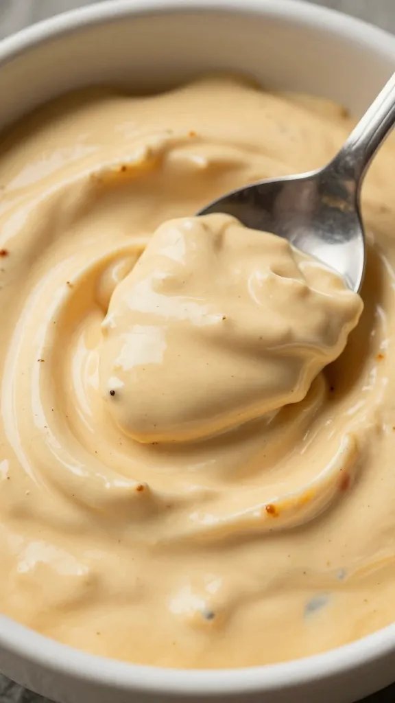 closeup bowl of spicy BBQ remoulade, spoon swirl