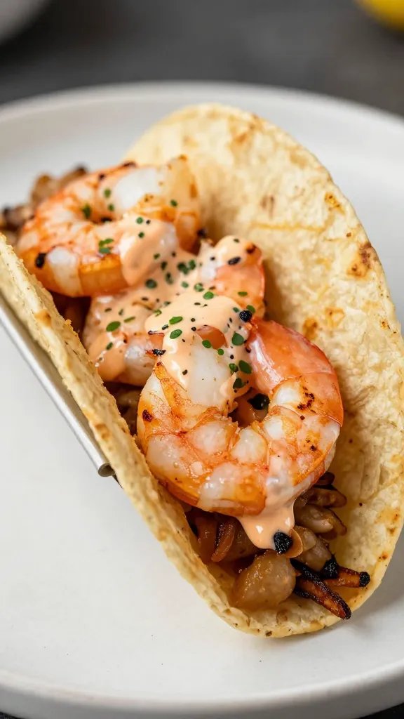 grilled shrimp taco topped with spicy remoulade, macro