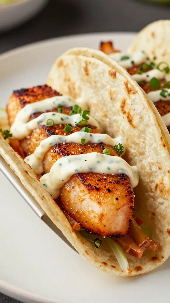 seared fish taco with remoulade drizzle, tight shot