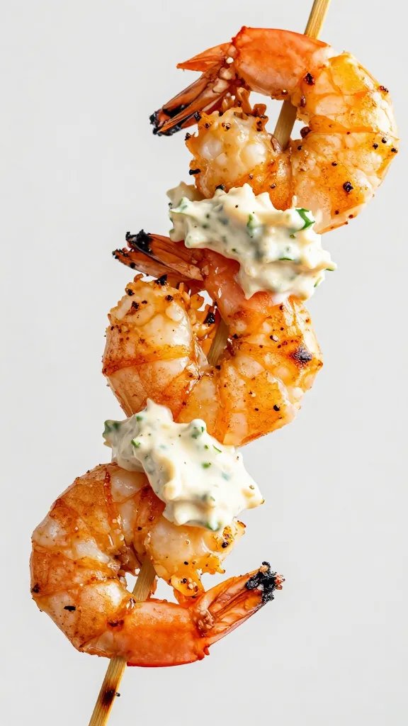 charred gulf shrimp skewer brushed with remoulade, closeup
