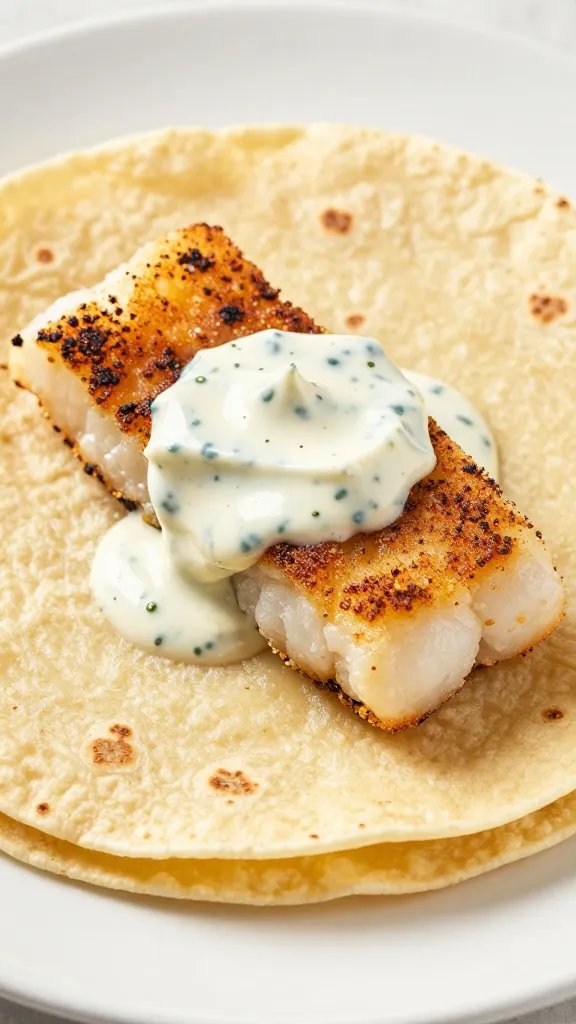 corn tortilla with blackened cod and remoulade, macro