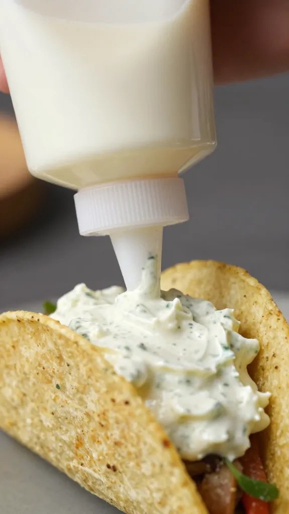 squeeze bottle nozzle dispensing remoulade onto taco, closeup