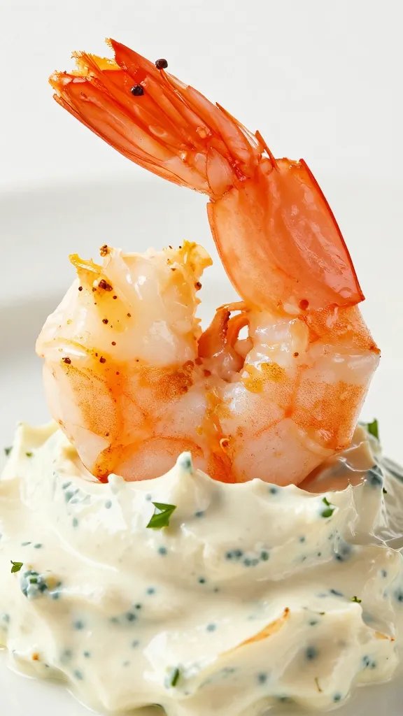 single grilled shrimp dipped in remoulade, extreme closeup