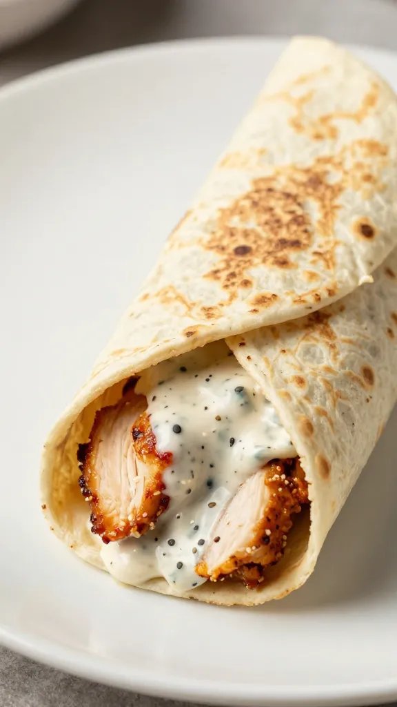tortilla wrap cut end showing bbq ranch-coated chicken