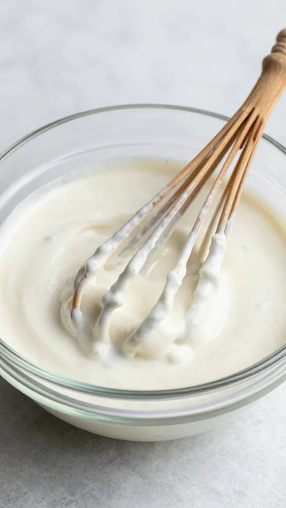 whisk coated in bbq ranch resting in glass bowl