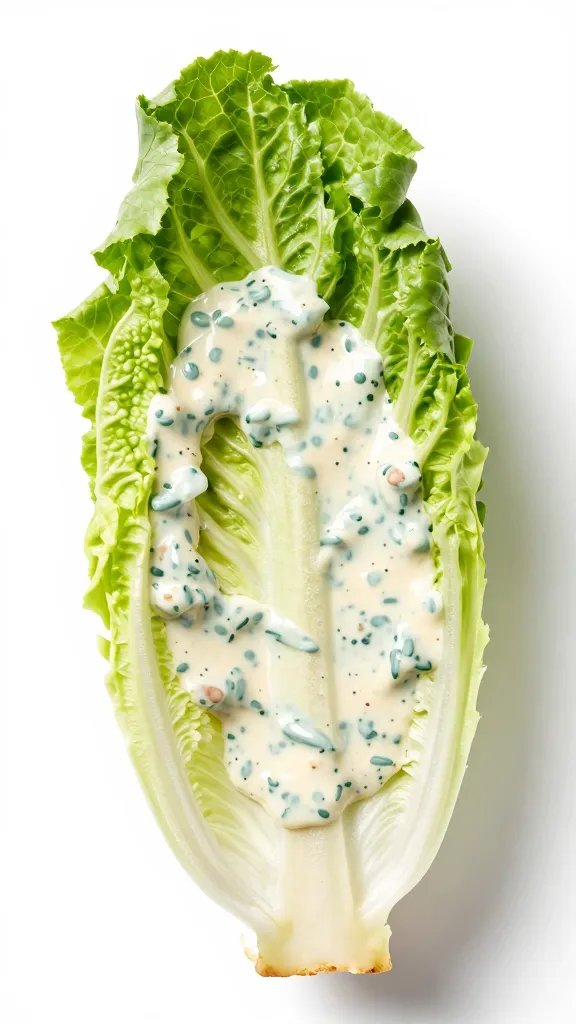 single romaine leaf drizzled with bbq ranch