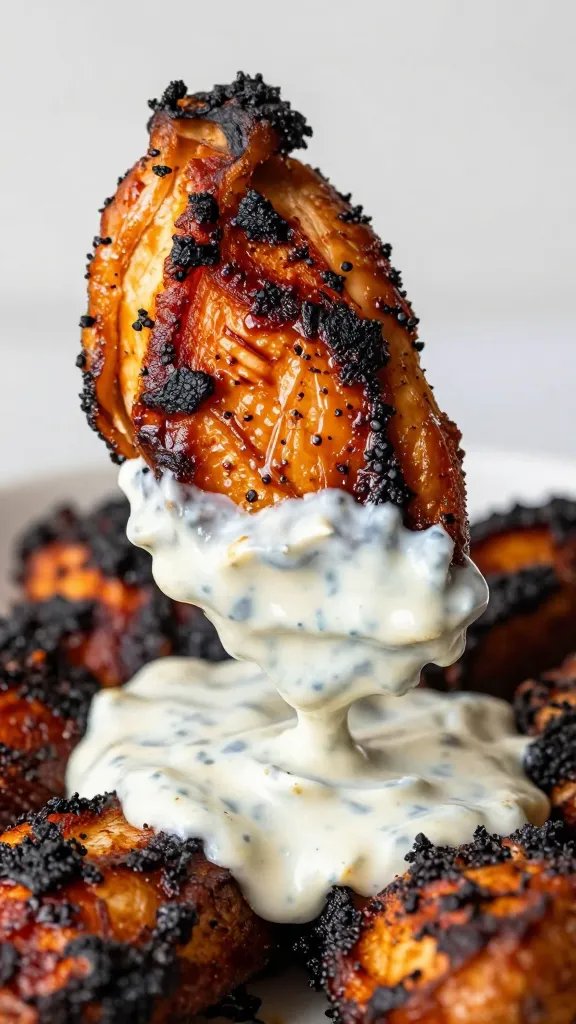 charred chicken slice dipped halfway in bbq ranch