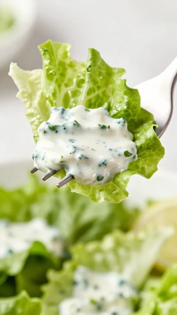 salad fork loaded with lettuce and bbq ranch